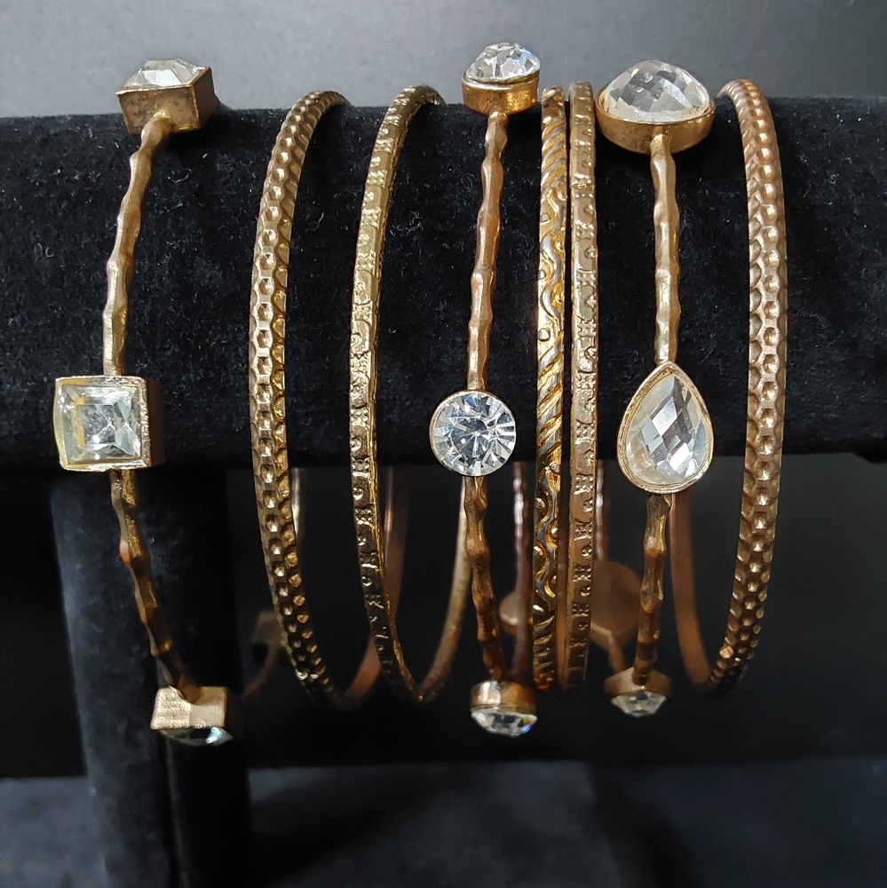 Set of 8 brass look Bangle Bracelets with "crystal" Gems